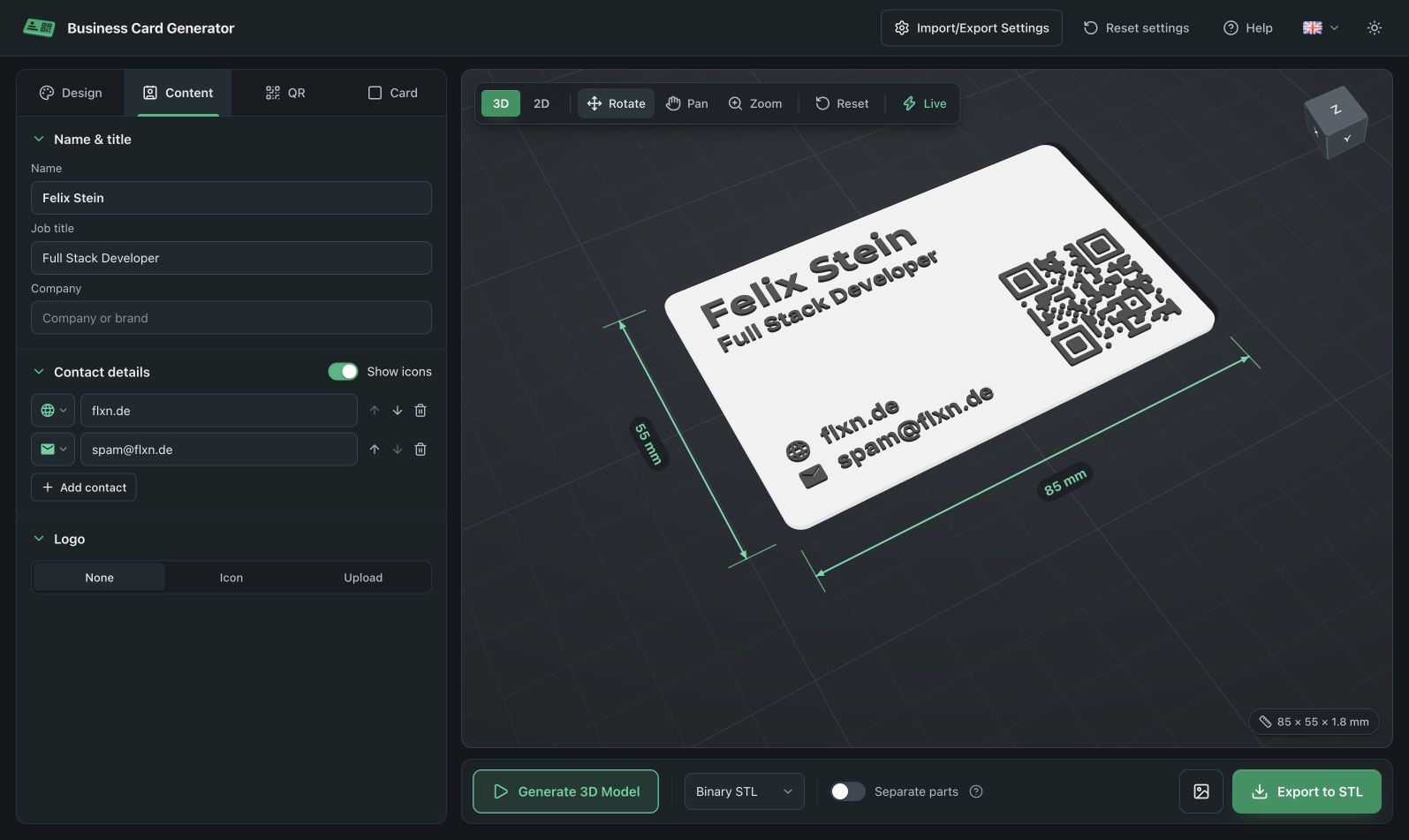 Businesscard2STL screenshot