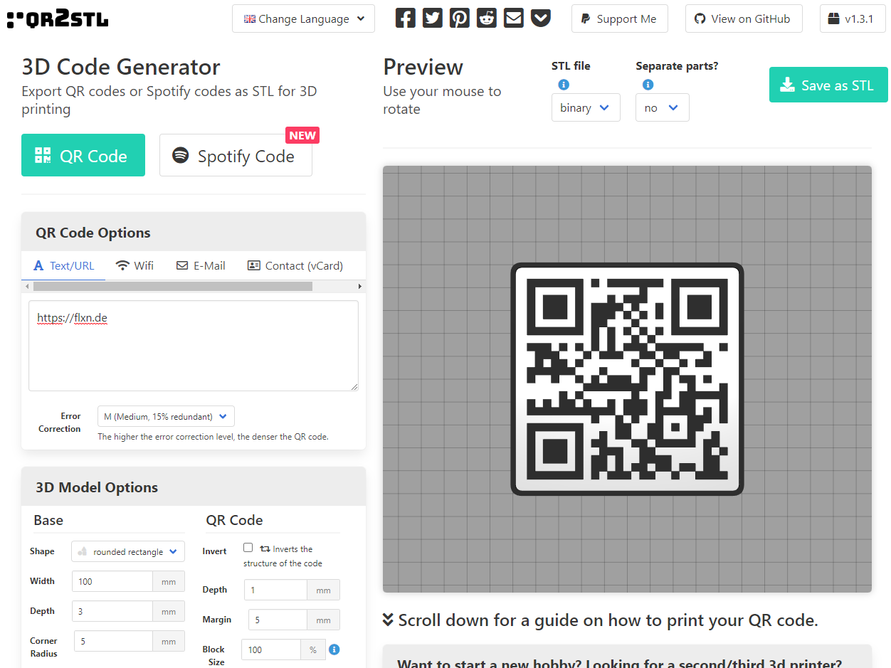 QRcode2stl screenshot